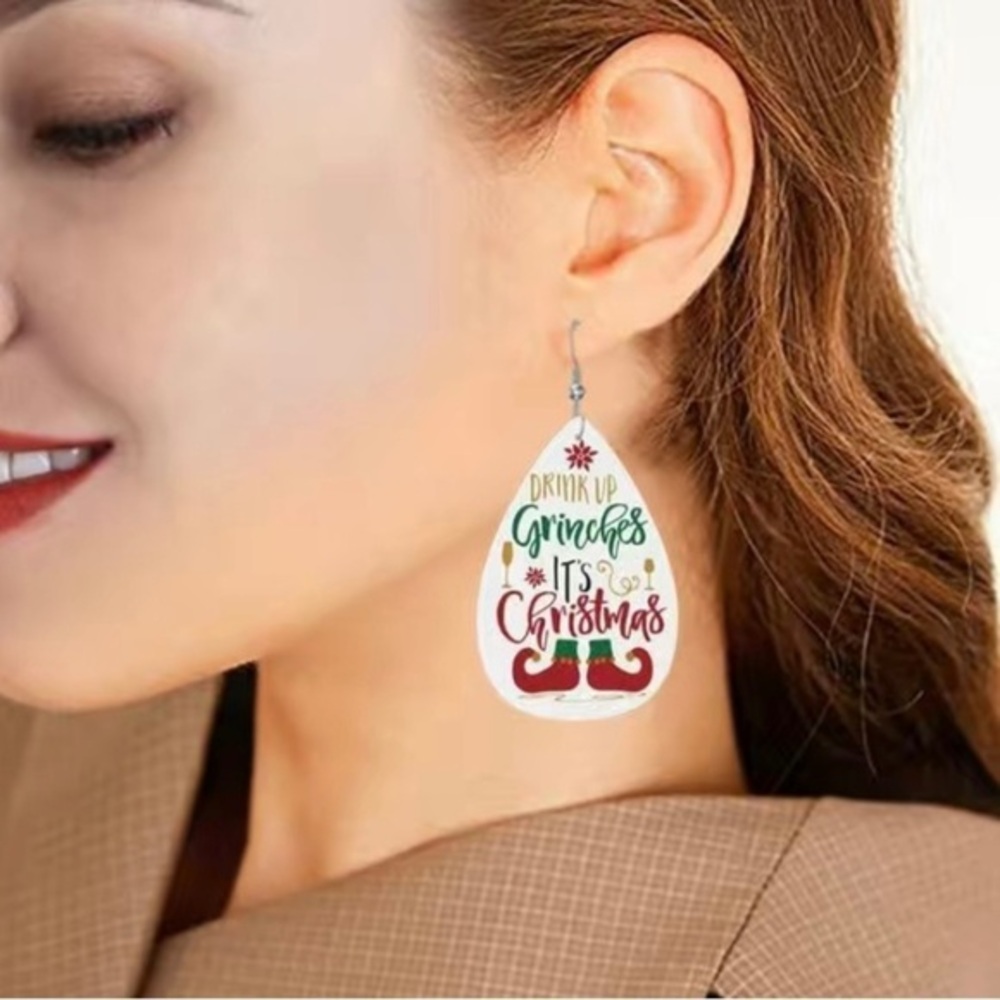 Christmas Faux Leather Teardrop Earrings "Drink Up Grinches It's Christm…